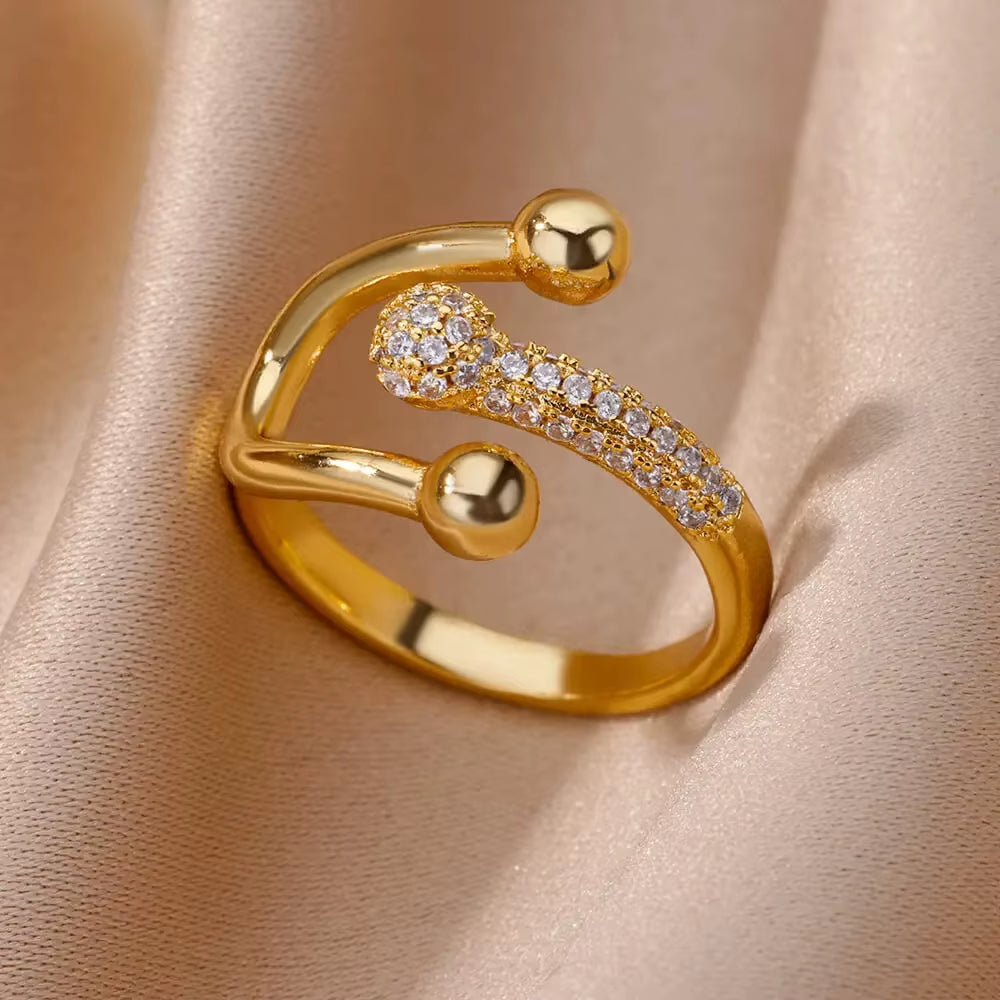 Gold Plated Stainless Steel Crystal Rings for Women Chain Geometry Zircon Finger Ring Jewelry Gift Anillos Mujer 2025 New Trendy