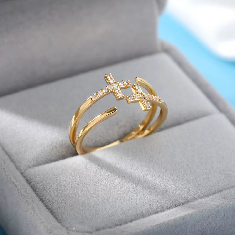 Gold Plated Stainless Steel Crystal Rings for Women Chain Geometry Zircon Finger Ring Jewelry Gift Anillos Mujer 2025 New Trendy