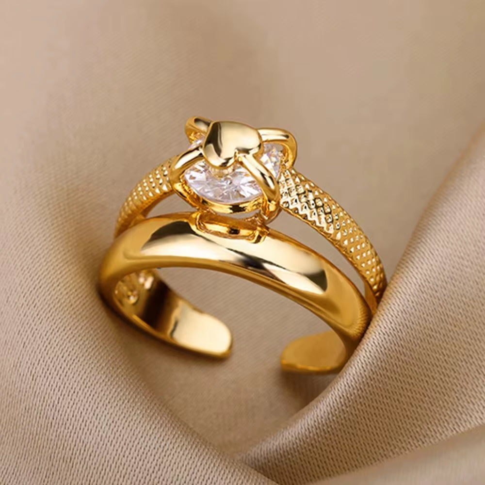 Gold Plated Stainless Steel Crystal Rings for Women Chain Geometry Zircon Finger Ring Jewelry Gift Anillos Mujer 2025 New Trendy