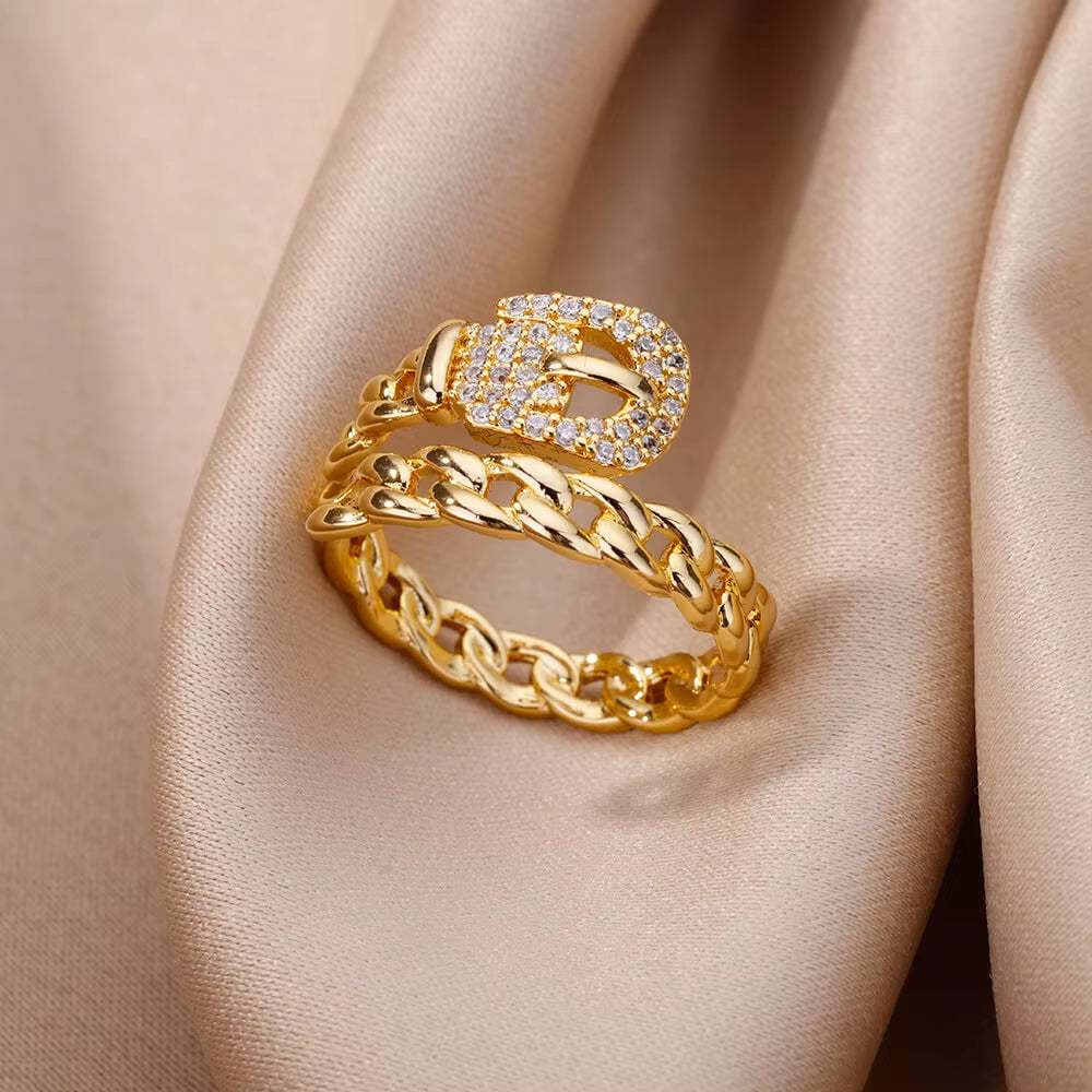 Gold Plated Stainless Steel Crystal Rings for Women Chain Geometry Zircon Finger Ring Jewelry Gift Anillos Mujer 2025 New Trendy