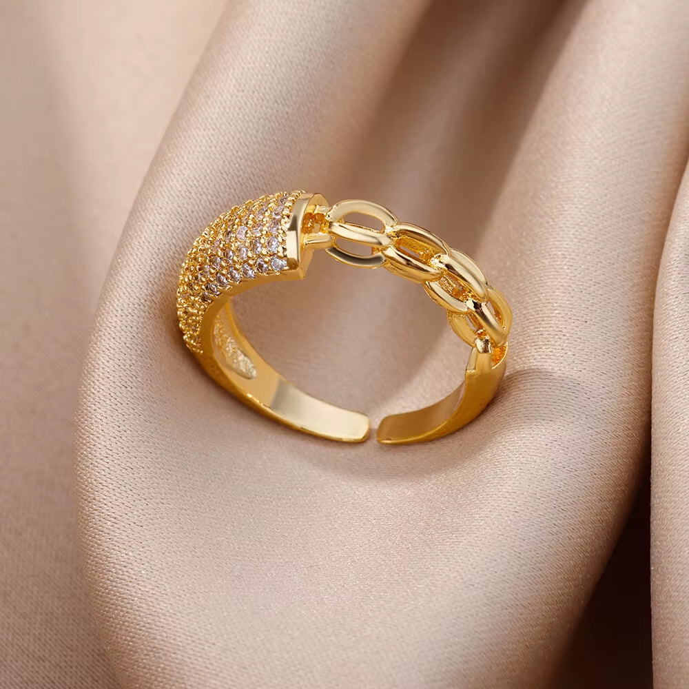 Gold Plated Stainless Steel Crystal Rings for Women Chain Geometry Zircon Finger Ring Jewelry Gift Anillos Mujer 2025 New Trendy