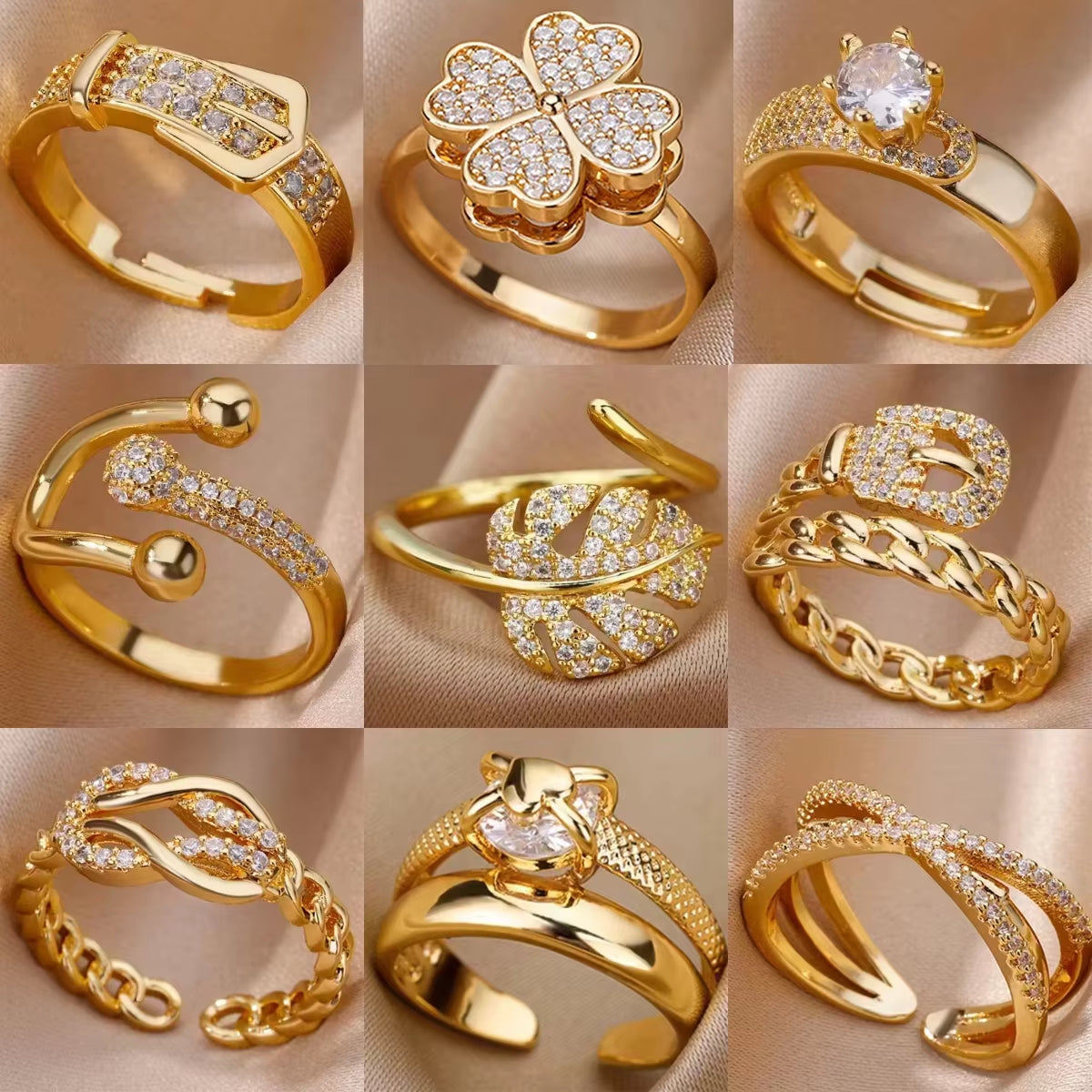 Gold Plated Stainless Steel Crystal Rings for Women Chain Geometry Zircon Finger Ring Jewelry Gift Anillos Mujer 2025 New Trendy
