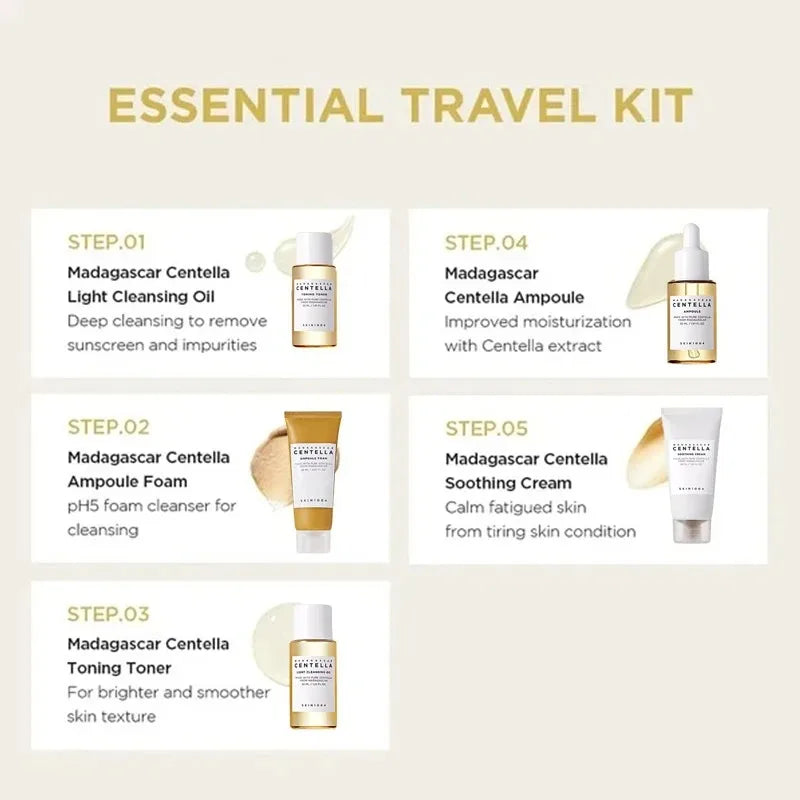 SKIN1004 Madagascar Centella Travel Kit, Toner, Ampoule, Soothing Cream, Cleansing Oil, Ampoule Foam, Basic Skincare Mini 5Pcs