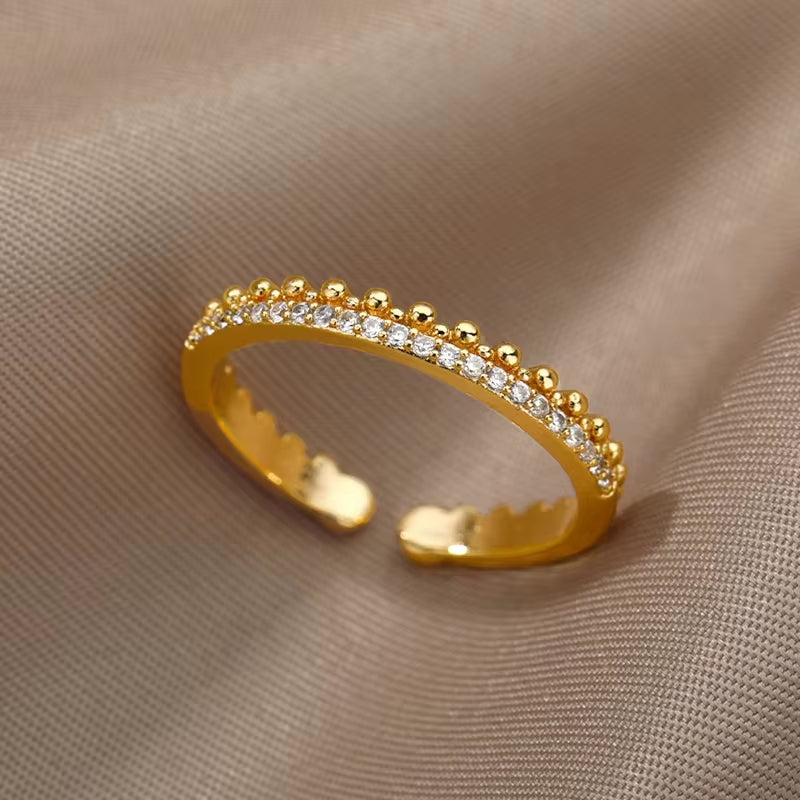Gold Plated Stainless Steel Crystal Rings for Women Chain Geometry Zircon Finger Ring Jewelry Gift Anillos Mujer 2025 New Trendy