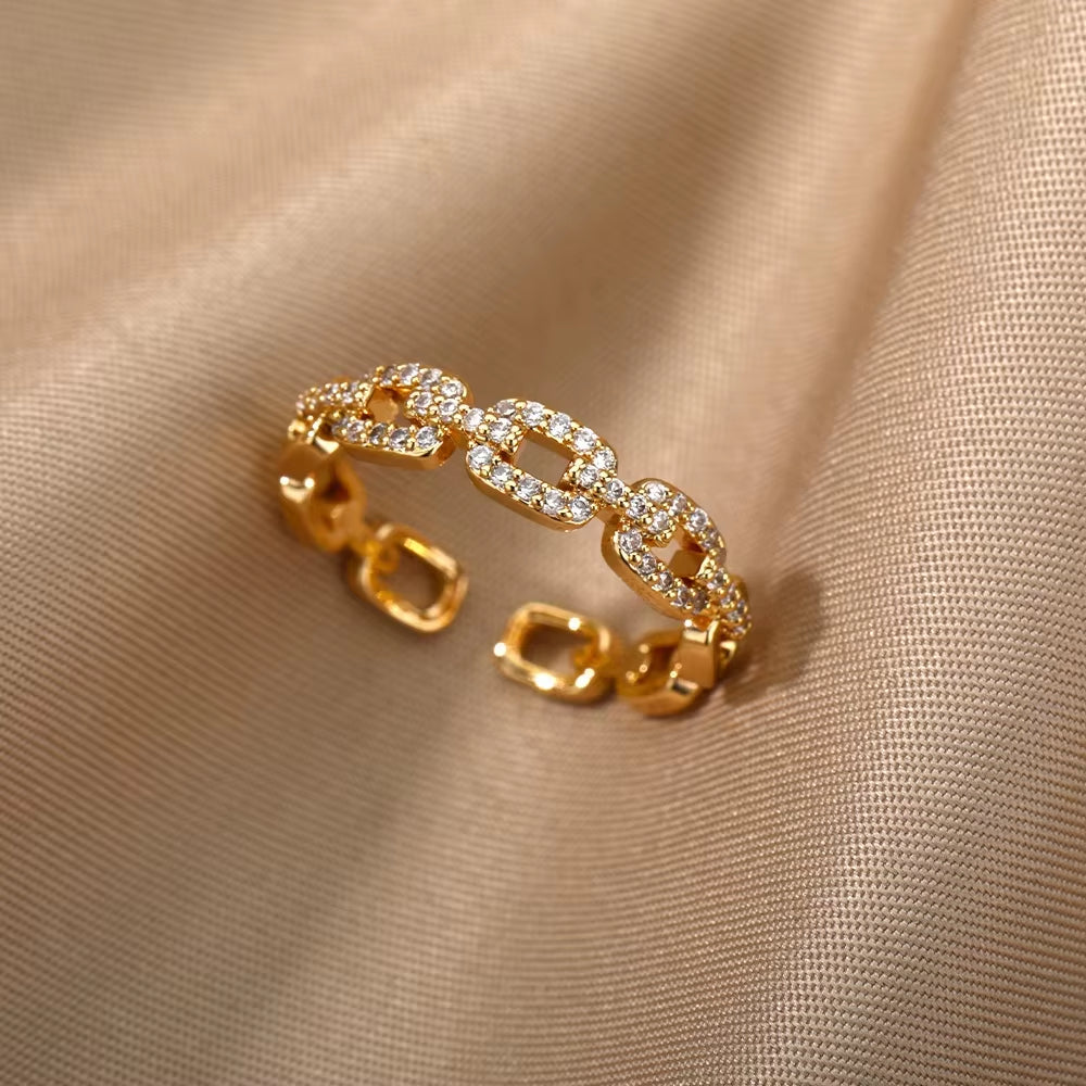 Gold Plated Stainless Steel Crystal Rings for Women Chain Geometry Zircon Finger Ring Jewelry Gift Anillos Mujer 2025 New Trendy
