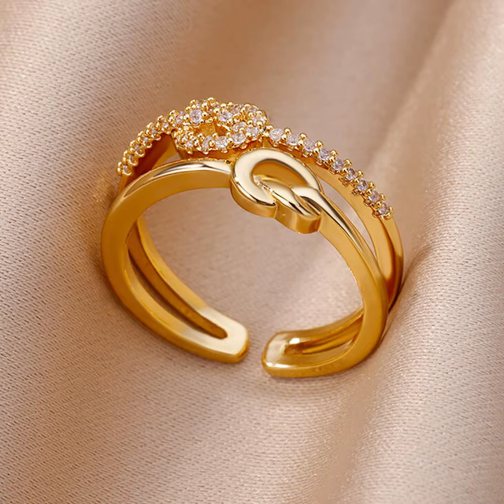 Gold Plated Stainless Steel Crystal Rings for Women Chain Geometry Zircon Finger Ring Jewelry Gift Anillos Mujer 2025 New Trendy