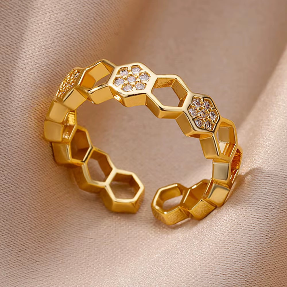 Gold Plated Stainless Steel Crystal Rings for Women Chain Geometry Zircon Finger Ring Jewelry Gift Anillos Mujer 2025 New Trendy
