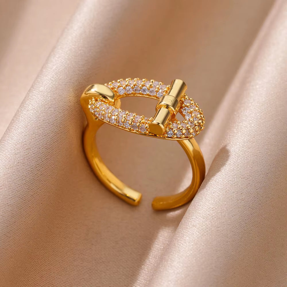 Gold Plated Stainless Steel Crystal Rings for Women Chain Geometry Zircon Finger Ring Jewelry Gift Anillos Mujer 2025 New Trendy