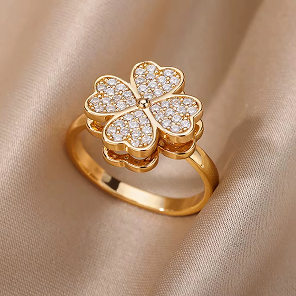 Gold Plated Stainless Steel Crystal Rings for Women Chain Geometry Zircon Finger Ring Jewelry Gift Anillos Mujer 2025 New Trendy