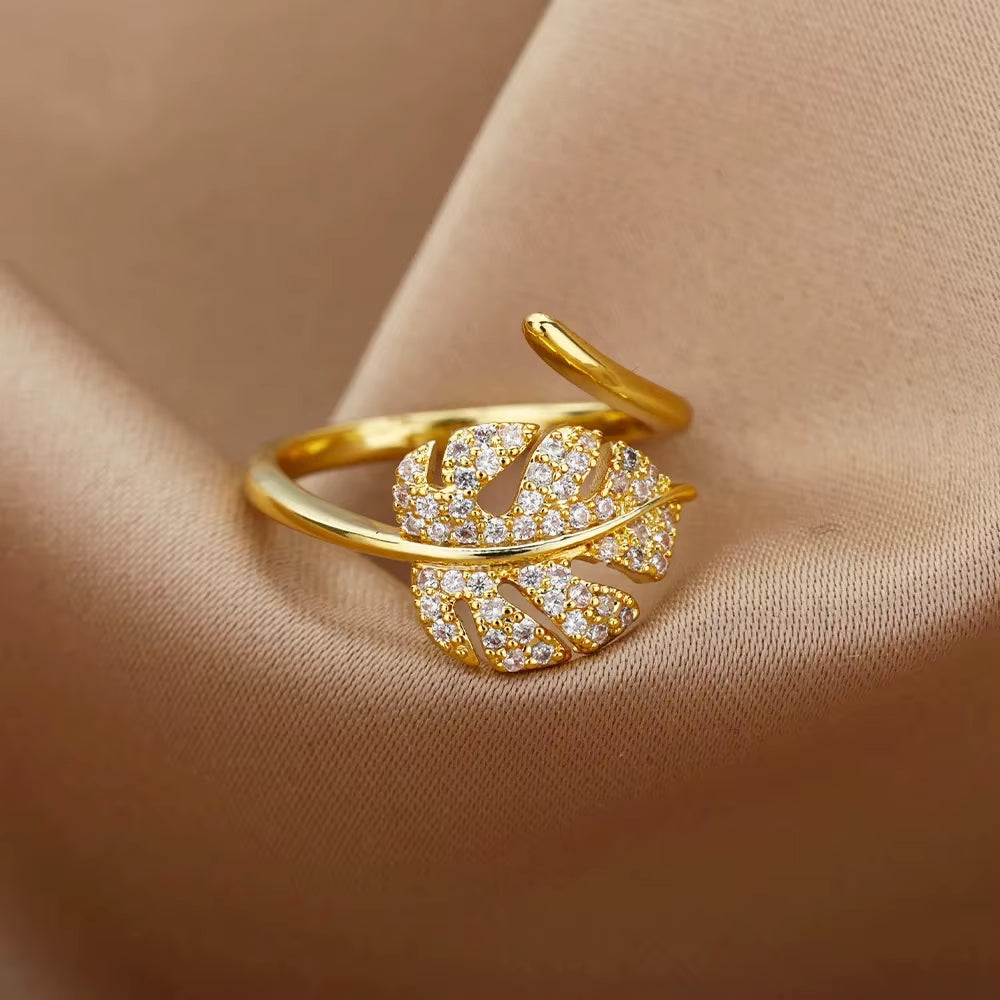 Gold Plated Stainless Steel Crystal Rings for Women Chain Geometry Zircon Finger Ring Jewelry Gift Anillos Mujer 2025 New Trendy