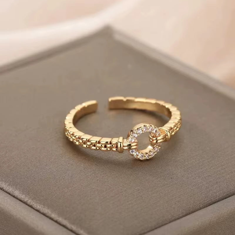 Gold Plated Stainless Steel Crystal Rings for Women Chain Geometry Zircon Finger Ring Jewelry Gift Anillos Mujer 2025 New Trendy